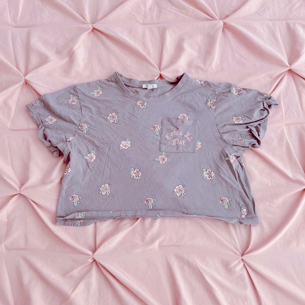 Messy Bun Just Chillin brand grey crop top with embroidered pocket and pink rose